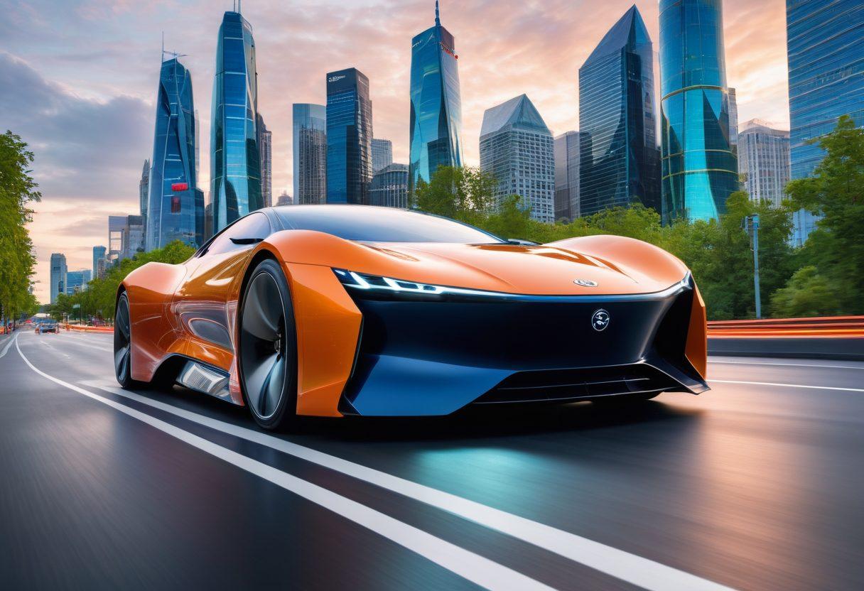 A sleek, futuristic car gliding on a winding road, surrounded by digital screens displaying real-time data on automotive trends and technologies. In the background, a city skyline with automated vehicles and greenery, symbolizing sustainable innovation. A blend of vibrant colors represents cutting-edge technology. super-realistic. vibrant colors. urban landscape.