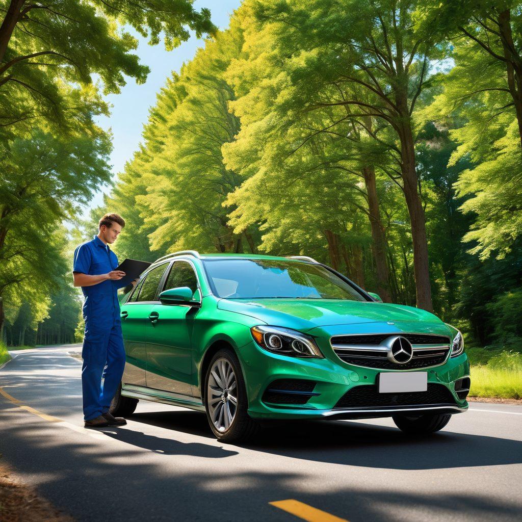 A confident driver behind the wheel of a shiny, well-maintained car on a picturesque road, with a mechanic holding tools and a checklist nearby. Include vibrant green trees and a blue sky in the background, along with car care icons like oil change, tire rotation, and a maintenance checklist subtly integrated into the scene. Emphasize a sense of empowerment and expertise in car maintenance. super-realistic. vibrant colors. dynamic perspective.