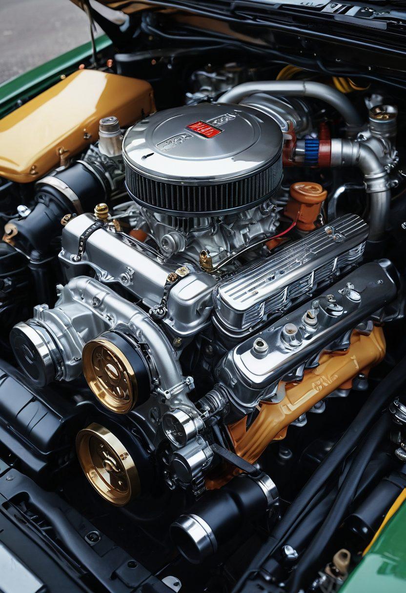 A detailed close-up of a well-maintained car engine, surrounded by automotive tools like wrenches and oil cans, with a soft-focus background featuring a garage filled with classic cars. The scene should convey a sense of passion for car care, with warm lighting highlighting the mechanical details. super-realistic. vibrant colors. soft focus.